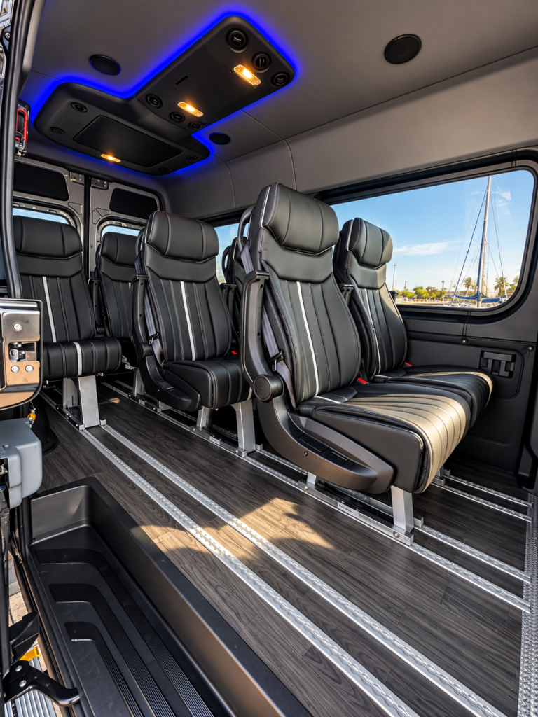 Interni Mercedes Sprinter Luxury Walter NCC con sedili in pelle, illuminazione ambiente e allestimento premium per transfer privati.